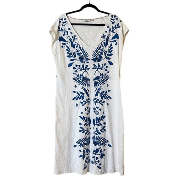 Boden “Tanya” White & Blue Embroidered Cotton V-Neck T-Shirt Dress 16l